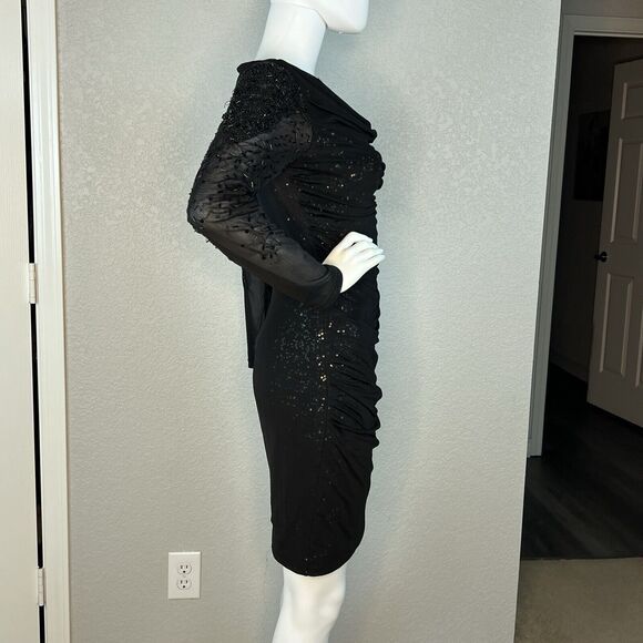 Belle Badgley Mischka Size 4 Dress Sequin Mesh Cowl Neck Black Gothic Glam - Picture 5 of 11